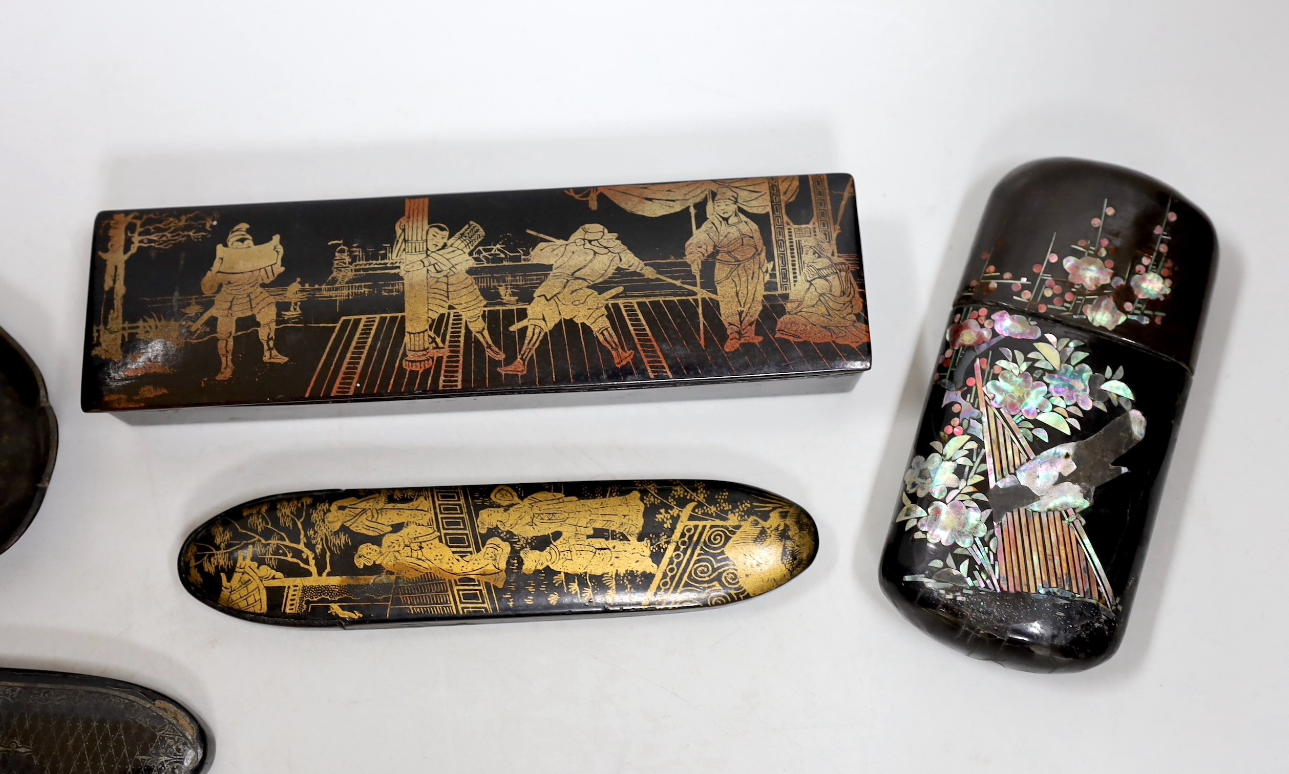 Six items of papier mache, two glasses cases, a cigar case, string box, pin tray and pencil box